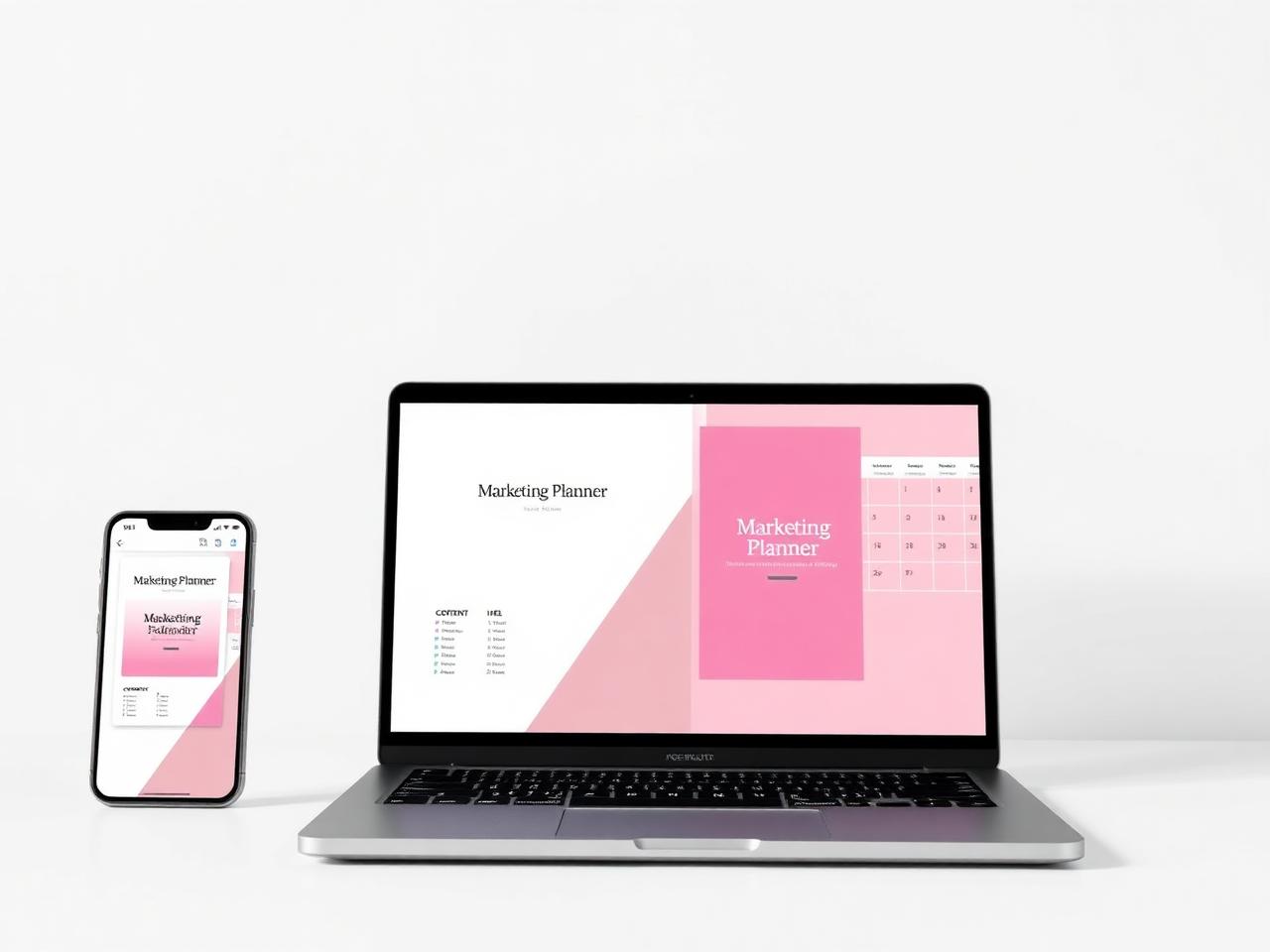 Notebook e celular exibindo o calendário estratégico e os materiais do Pack Marketing em Ação