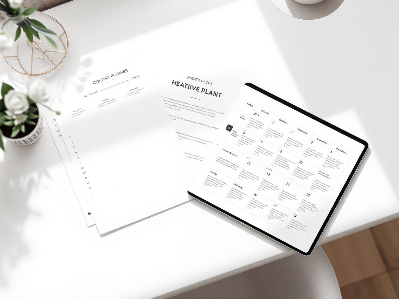Materiais do pack: calendário estratégico e guias de conteúdo sobre uma mesa branca